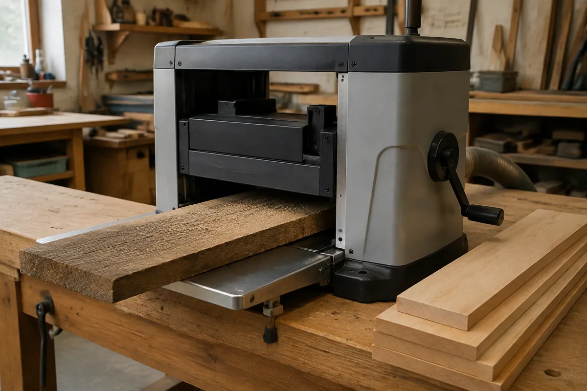 Benchtop thickness planer with infeed table, dust hose and rough and planed boards