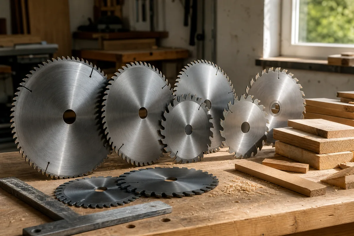Editorial illustration: several circular saw blades laid out on a workbench.