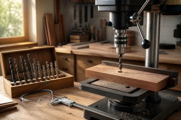Editorial illustration: drill press with wood securely clamped beneath its chuck.