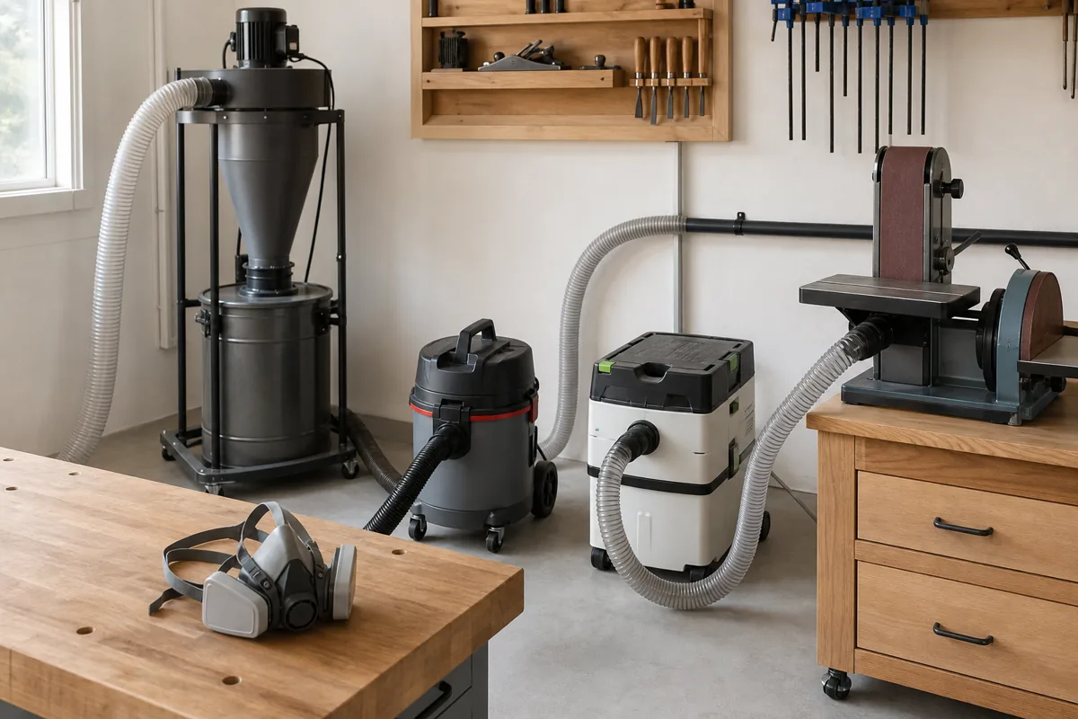 Editorial illustration: woodworking dust extractor, shop vacuum and collection hoses.