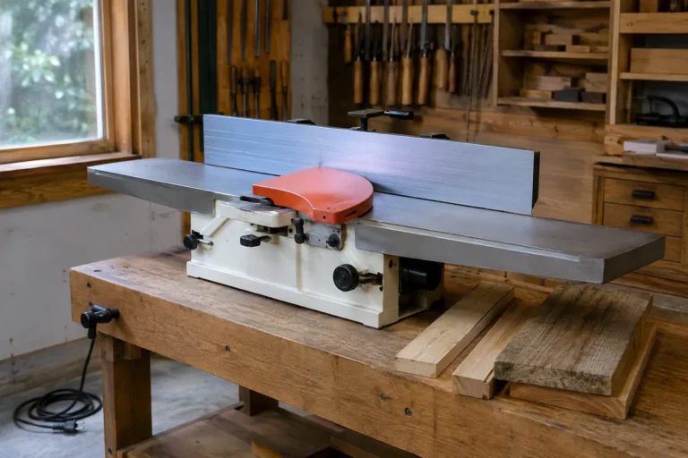 Editorial illustration: benchtop jointer with long flat tables and a cutter guard.