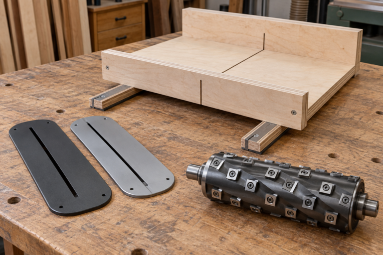 AI-generated editorial illustration of table saw inserts sled and helical cutterhead