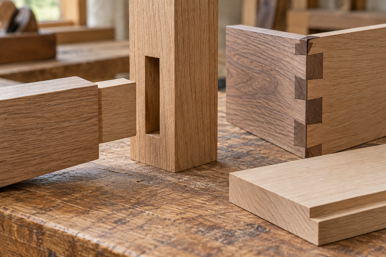 AI-generated editorial illustration: wooden mortise and tenon, dovetail corner and rebated edge samples.