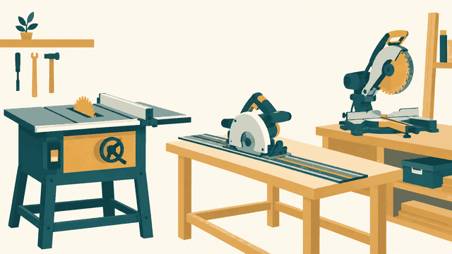 Editorial illustration of workshop with table saw, track saw and miter saw; all switched off