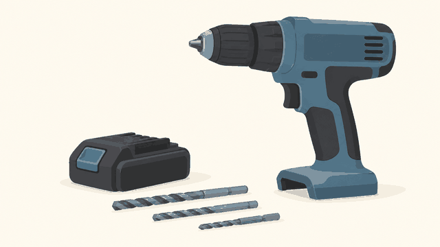 Editorial illustration of an unbranded cordless power drill beside its detached battery and drill bits, switched off