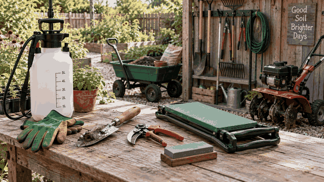 Pressure sprayer, gloves, tools, sharpening stone, folded kneeler, tool rack, wagon and tiller.