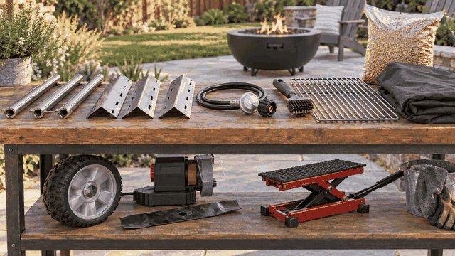 Burner tubes, heat plates, regulator, grate, brush, cover, pellets, wheel, blade sharpener and jack with fire pit behind.