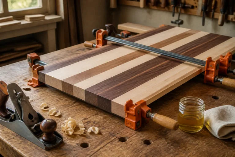 Striped wooden cutting board held in pipe clamps on a woodworking bench