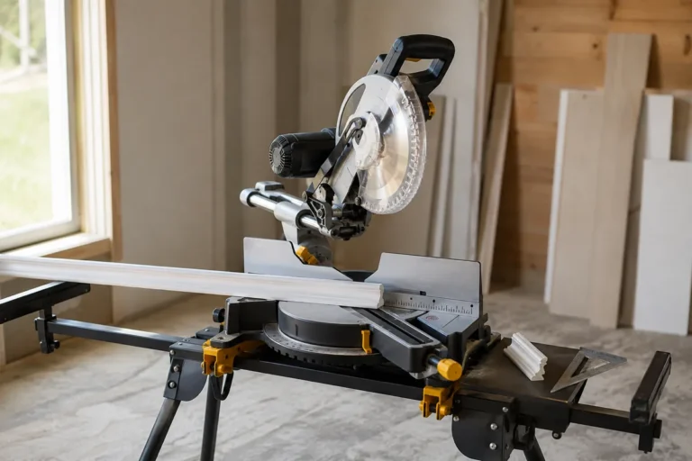 Sliding miter saw on a folding stand beside trim, crown molding and a carpenter square