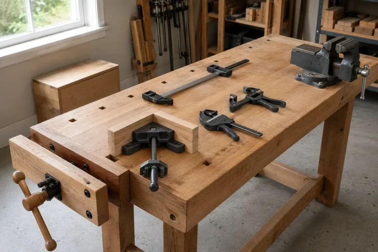 Woodworking face vise, metal bench vise, bar clamps and a corner clamp arranged on a wooden workbench